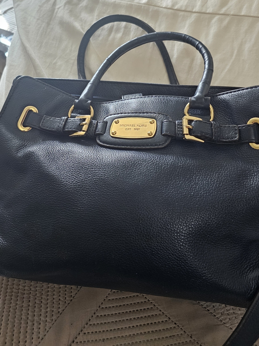 Michael Kors Black Leather Tote with Gold Hardware